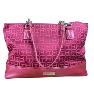 Tommy Hilfiger Tote Bag Red Logo Fabric Leather Trim Goldtone Hardware Chain